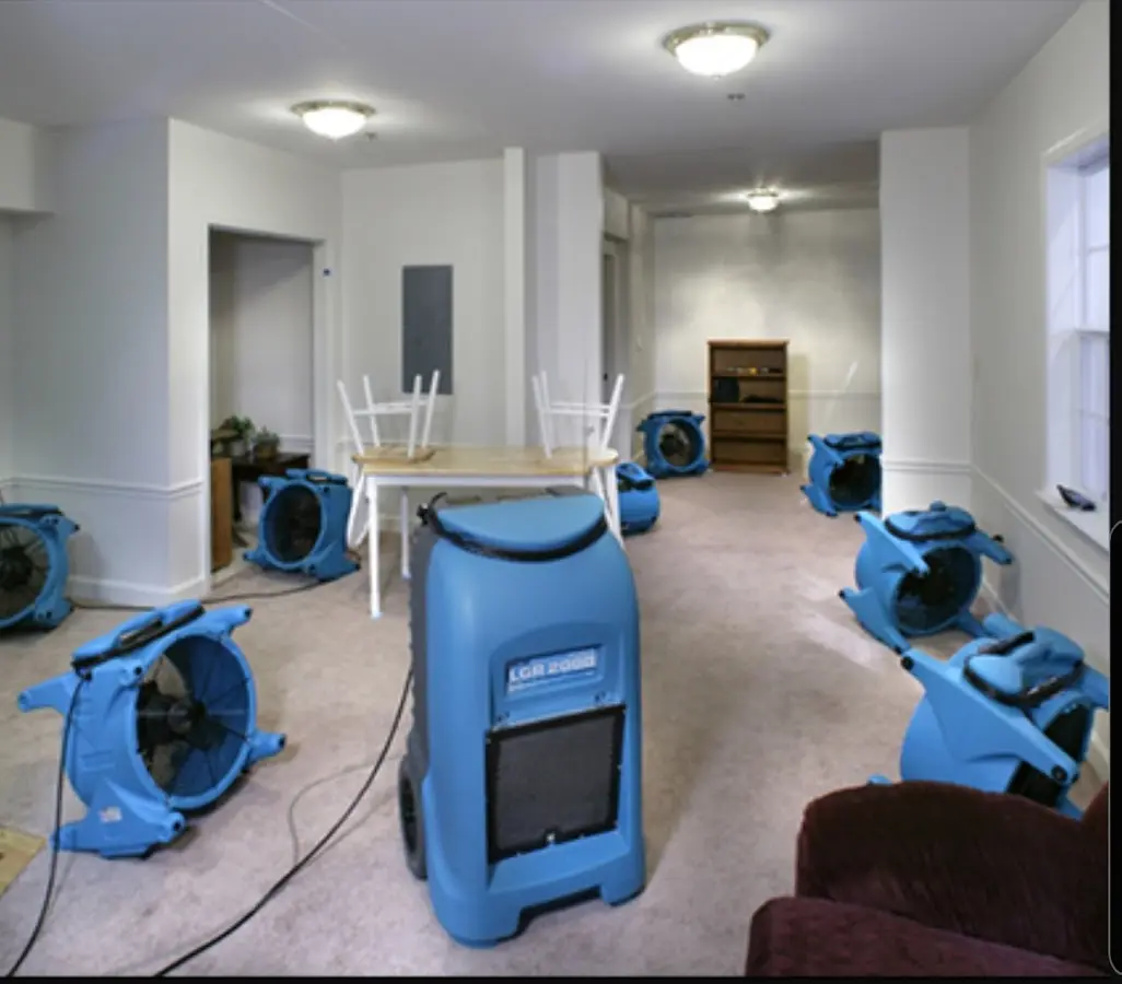 Air movers and dehumidifier setup for Water Damage Restoration in Laurel Hill